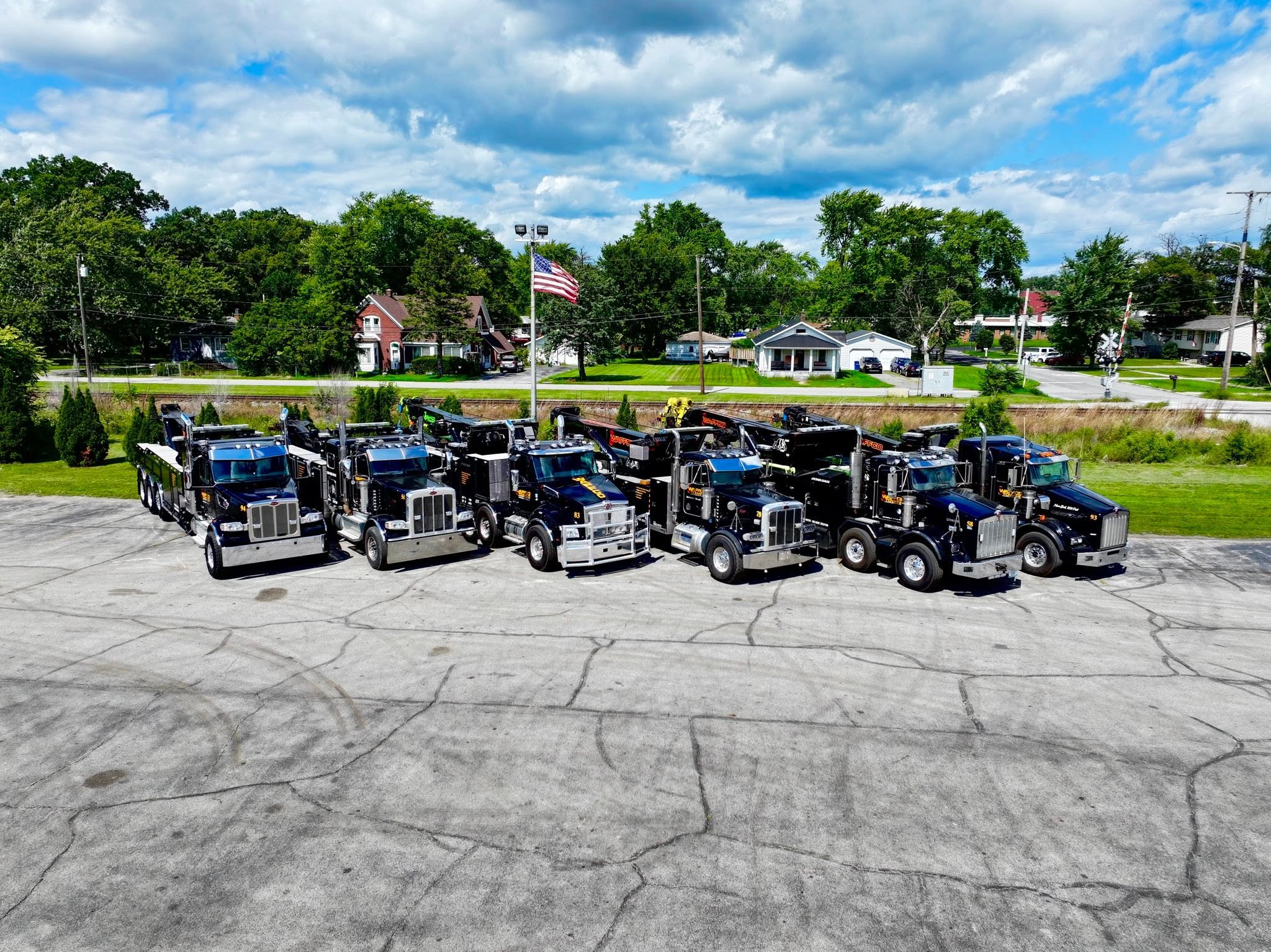 Waffco heavy duty towing fleet lined up at the Lake Station facility